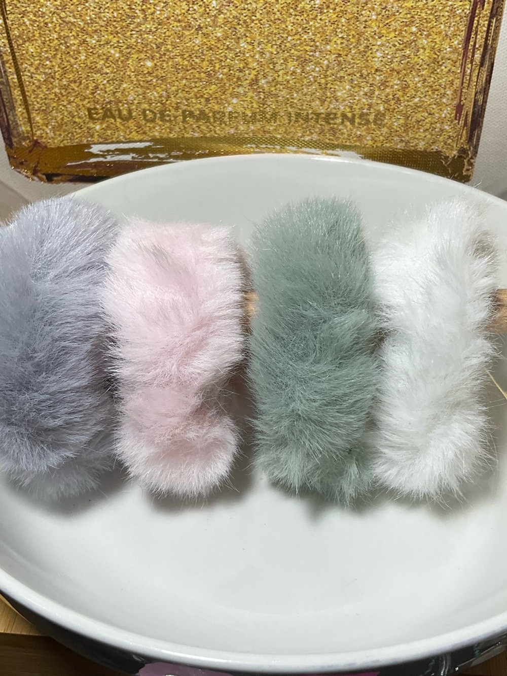 Set of Four Fuzzy Hair Scrunchie Pom Hair Ties - Gray, Pink, Sage, White